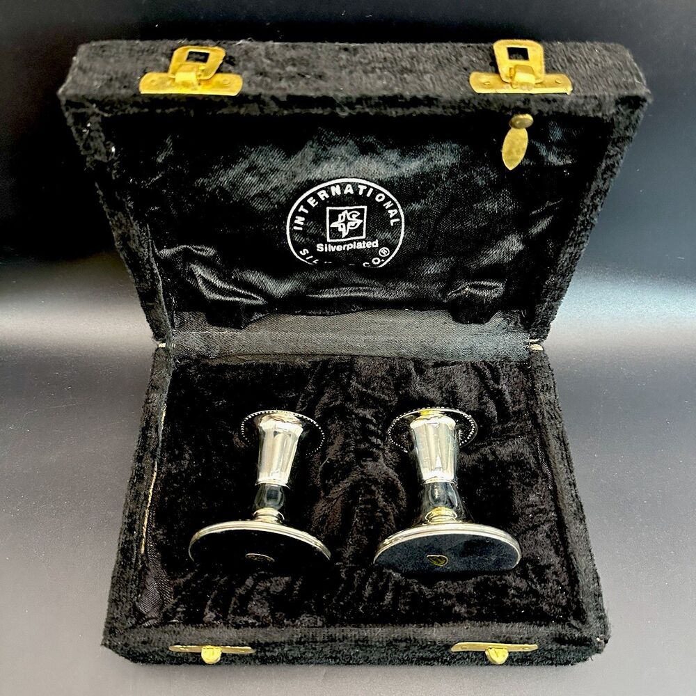 VTG International Silver Co Beaded Candlesticks SetOriginal Velvet Box 2.5"